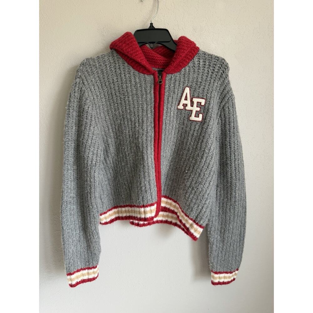 American Eagle Gray Red Trim Zip Up Varsity Sweater Cardigan Womens S